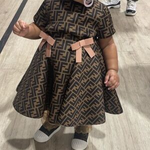 Fendi kids monogram bow dress, size 2t, brown, tan, and pink